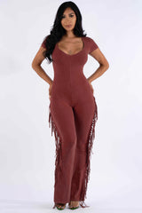 Mineral washed fringed jumpsuit