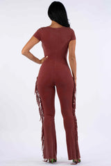 Mineral washed fringed jumpsuit