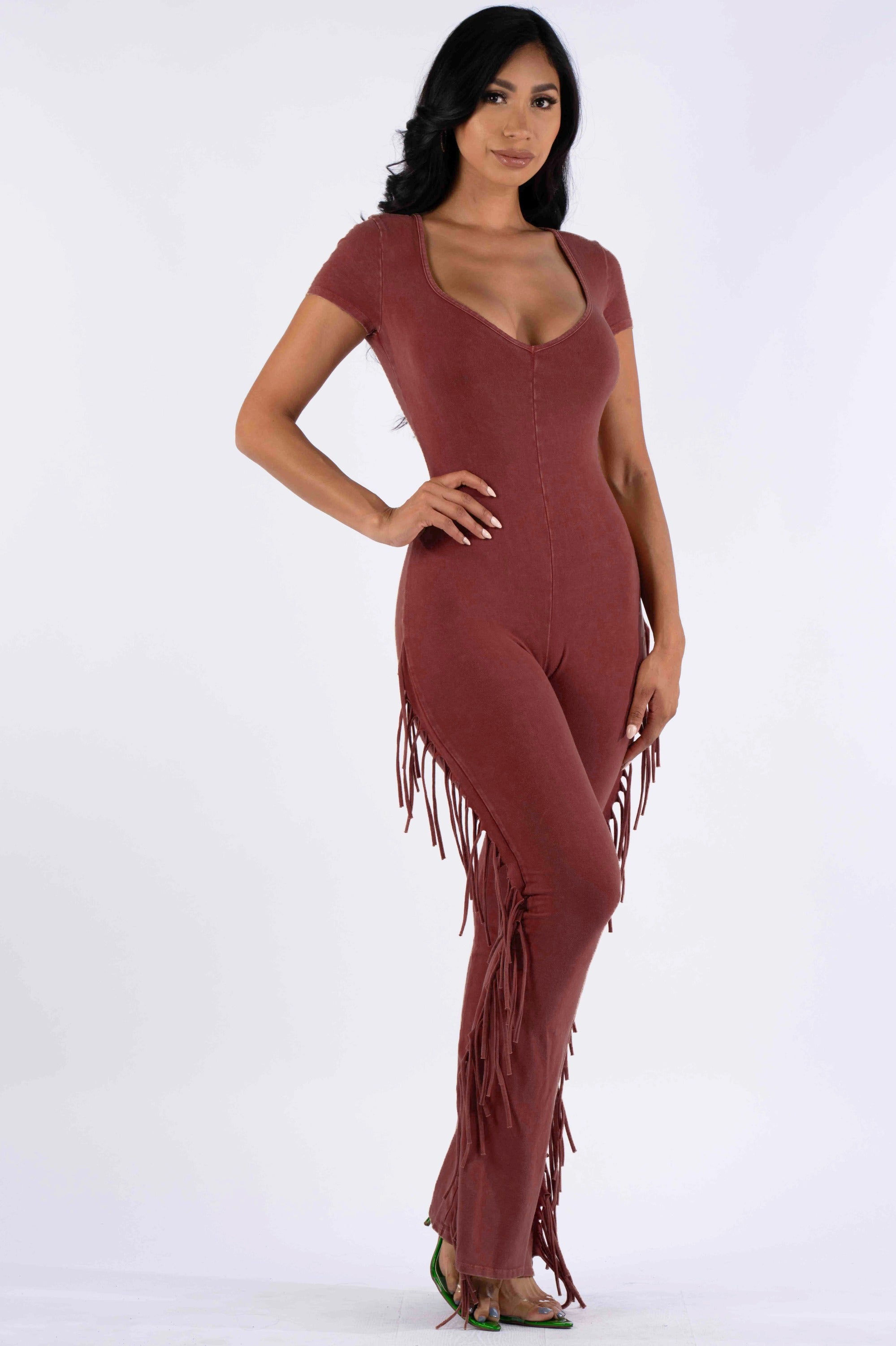 Mineral washed fringed jumpsuit