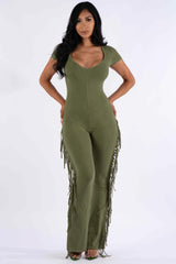 Mineral washed fringed jumpsuit