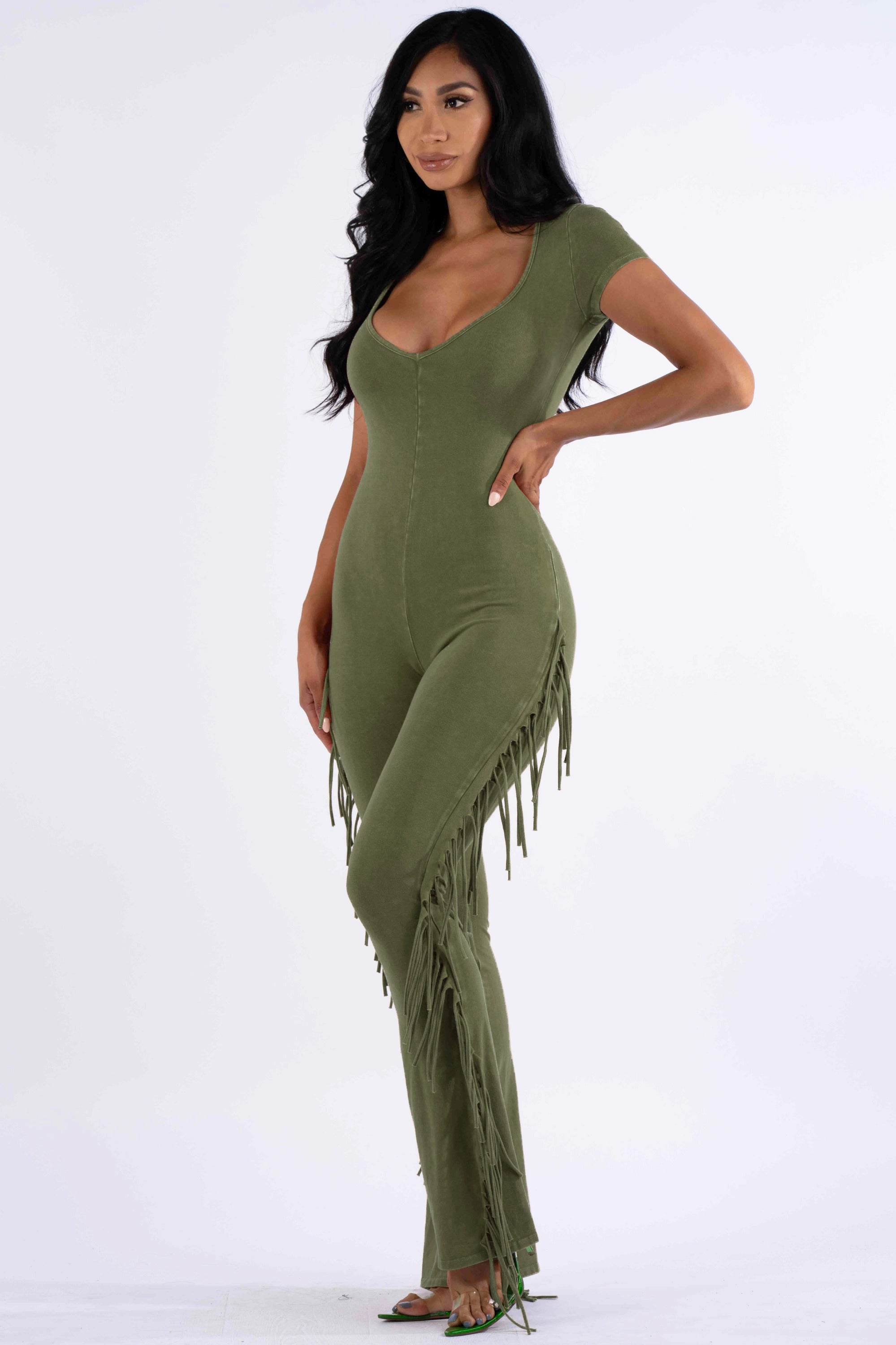 Mineral washed fringed jumpsuit