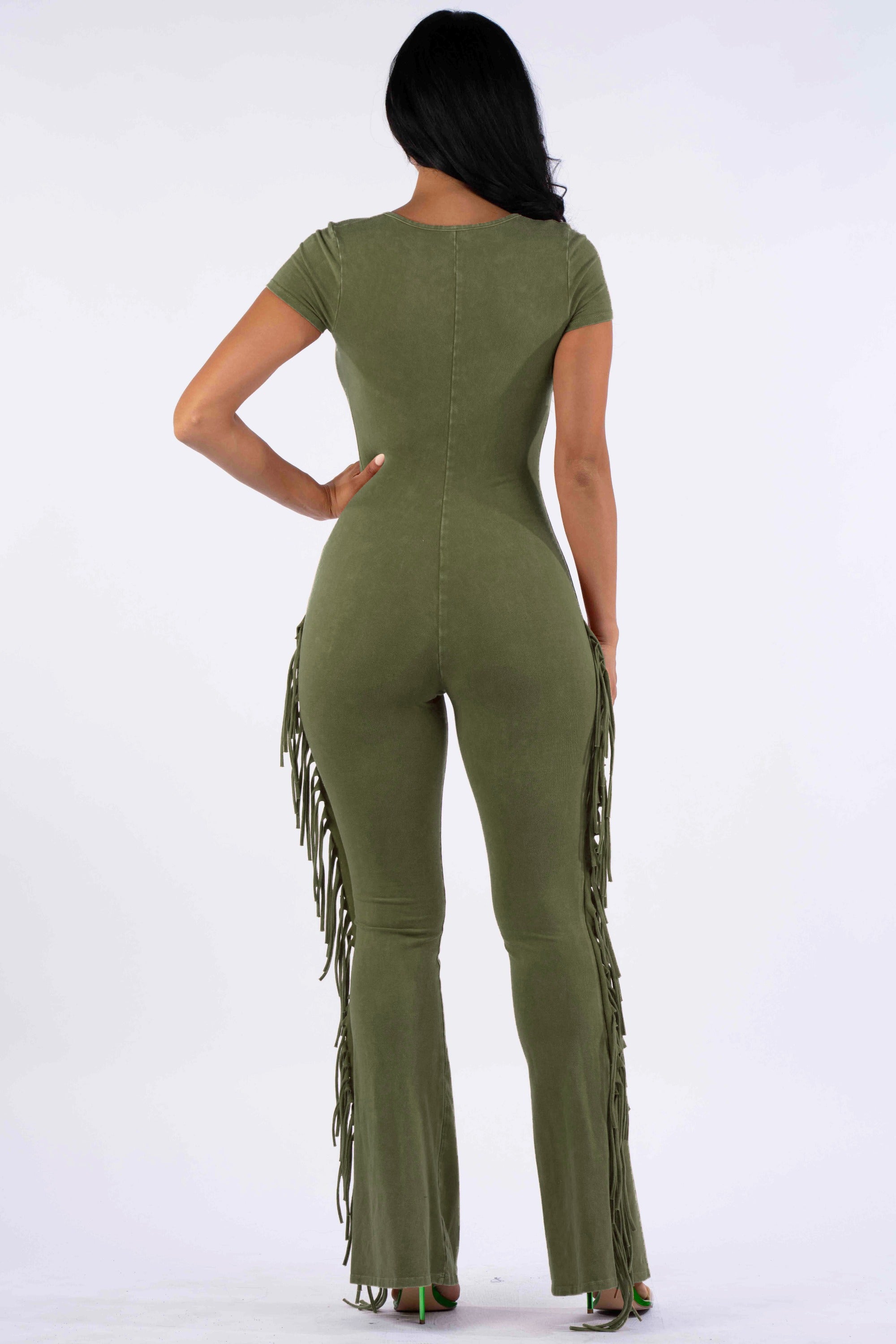 Mineral washed fringed jumpsuit