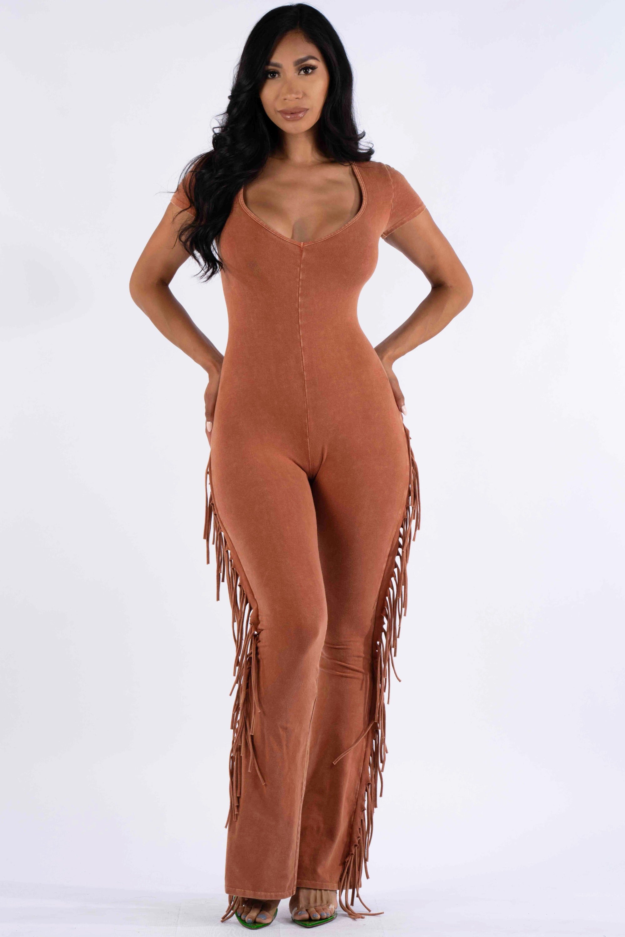 Mineral washed fringed jumpsuit