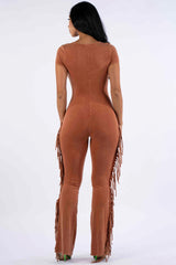 Mineral washed fringed jumpsuit