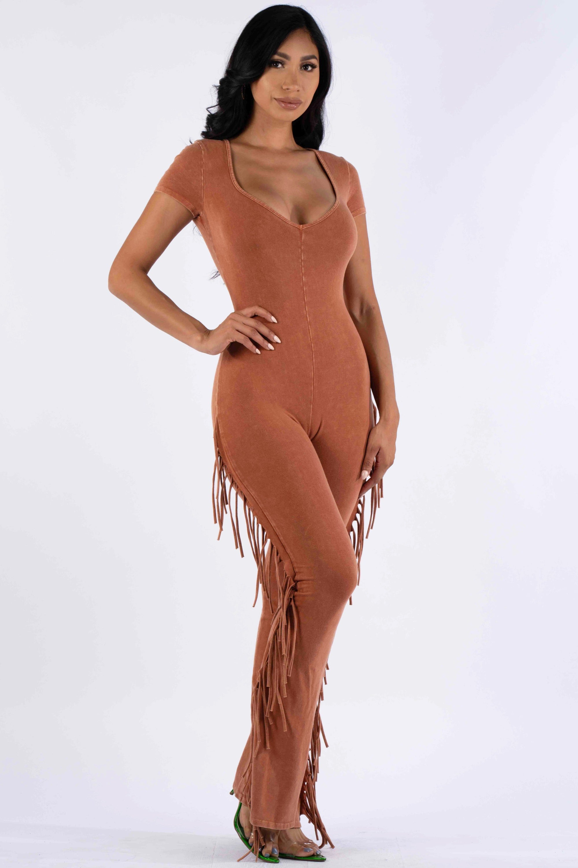 Mineral washed fringed jumpsuit