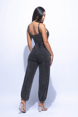 Washed jumpsuit with adjustable ankle