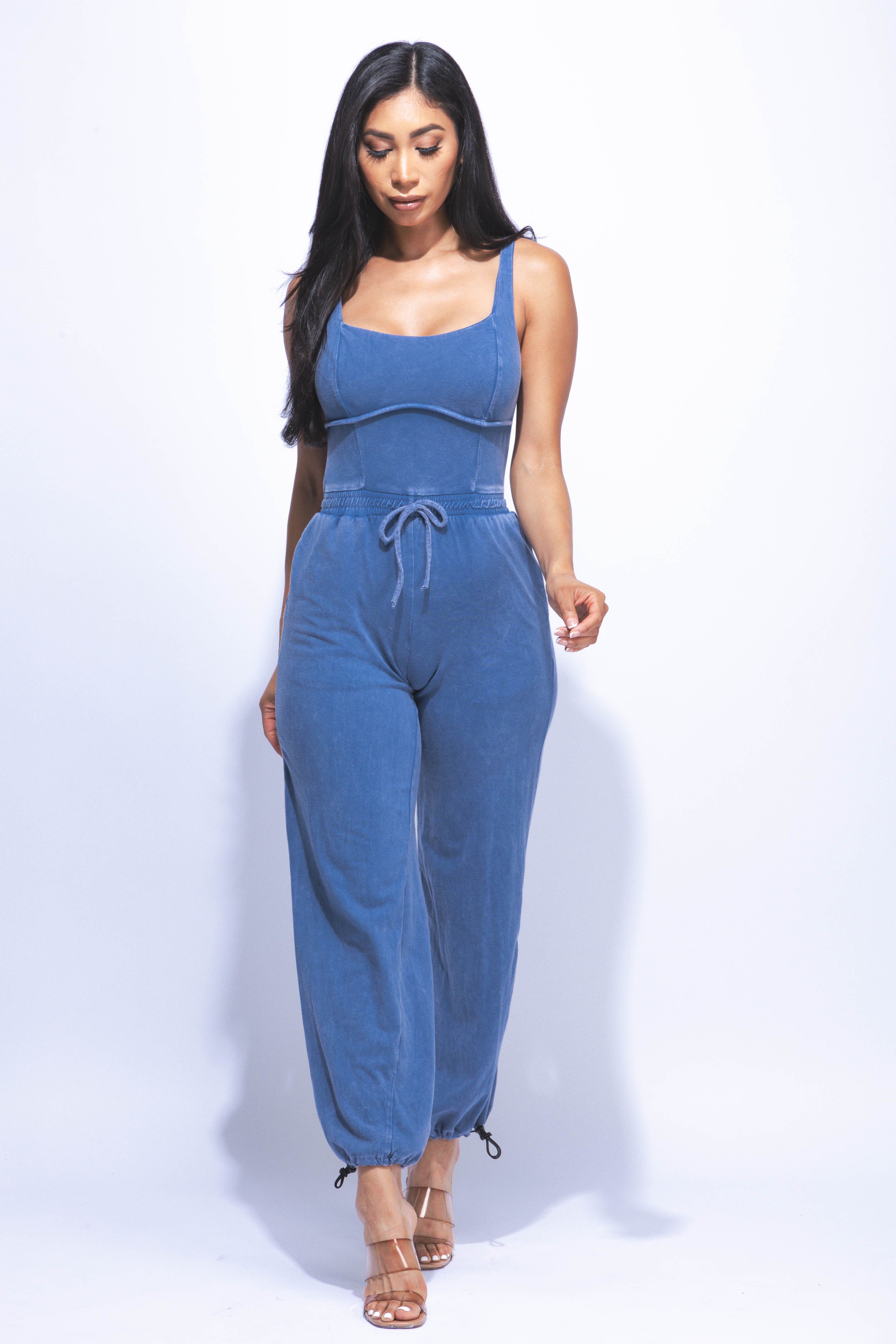 Washed jumpsuit with adjustable ankle