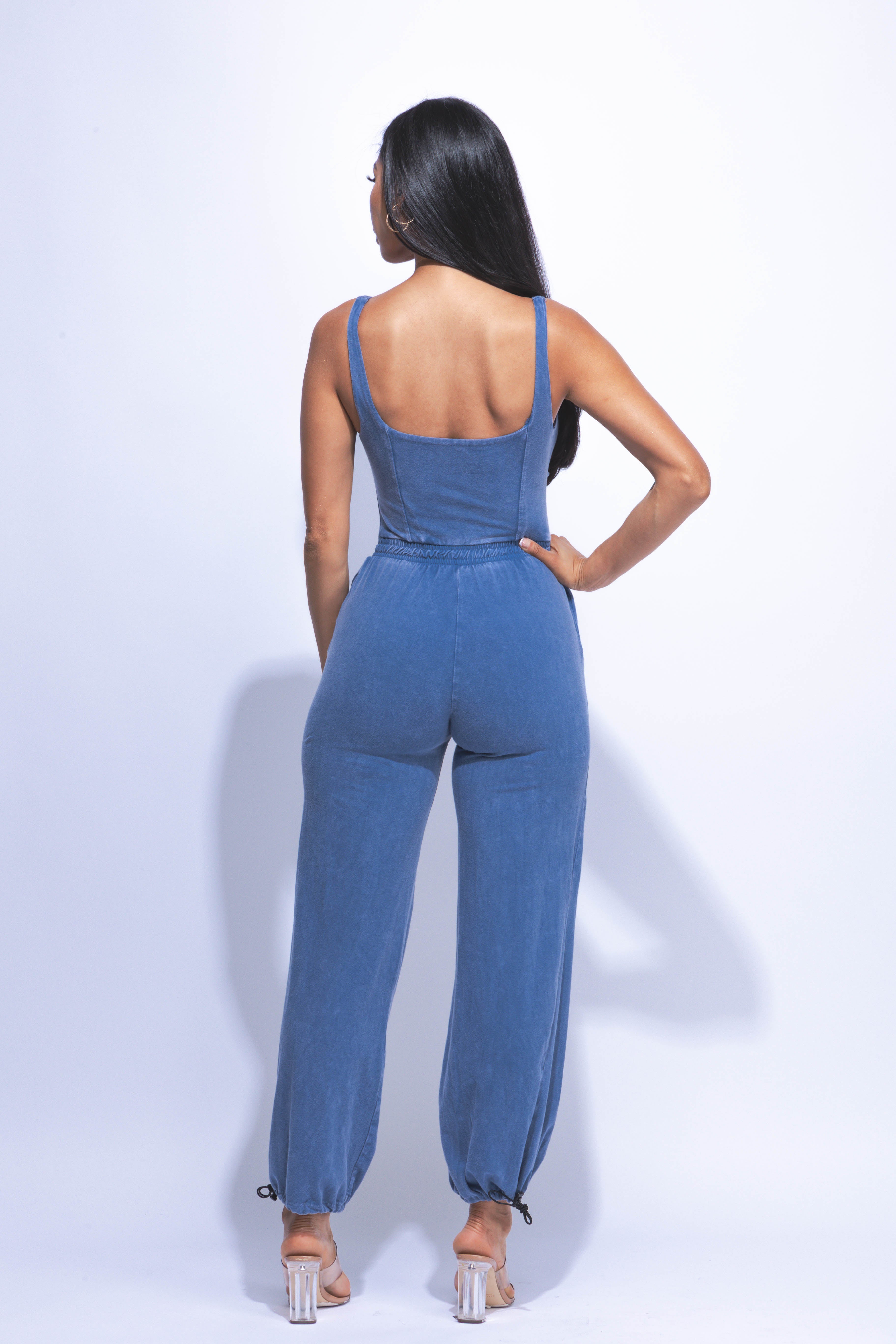 Washed jumpsuit with adjustable ankle