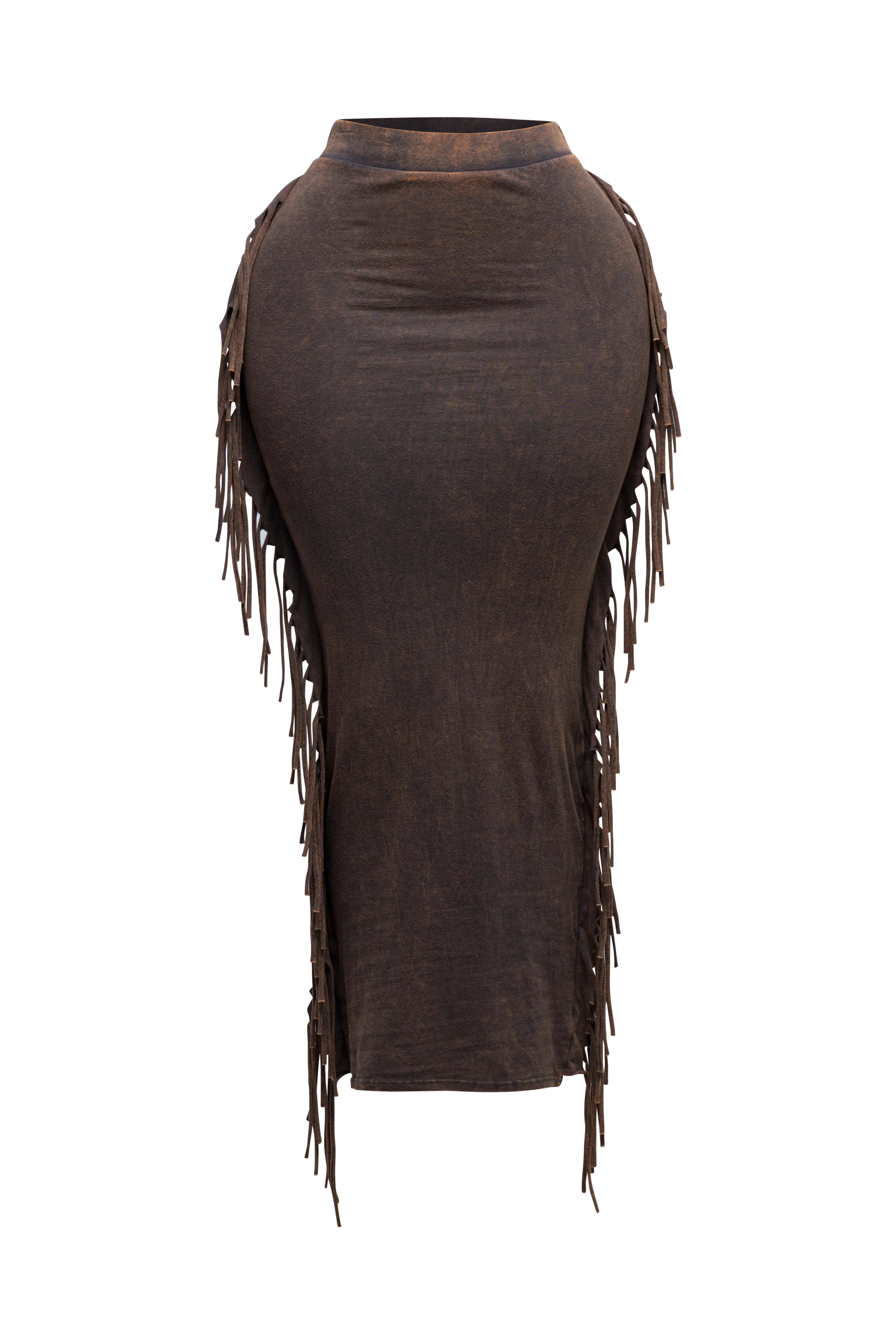 Mineral washed fringed maxi skirt