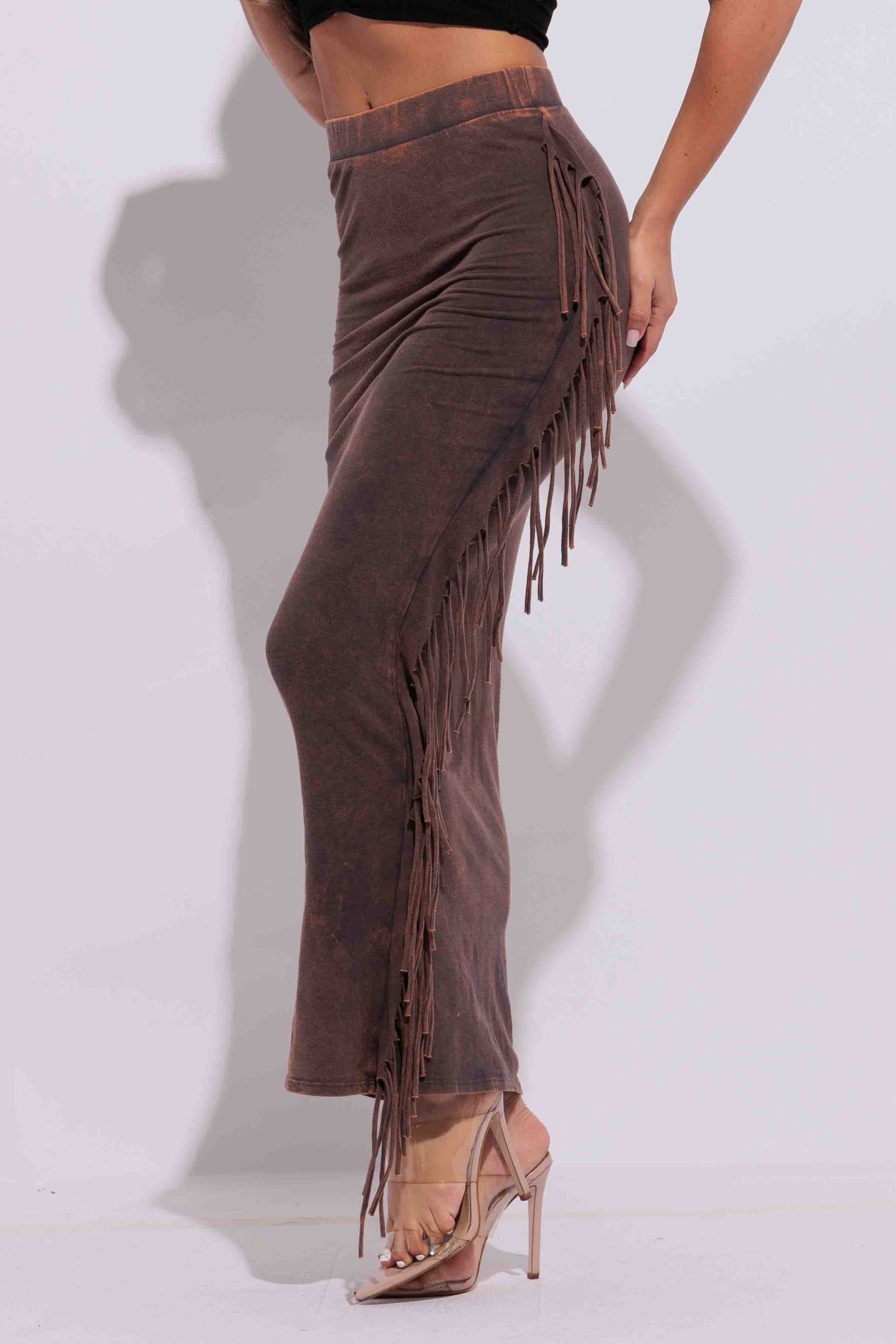 Mineral washed fringed maxi skirt