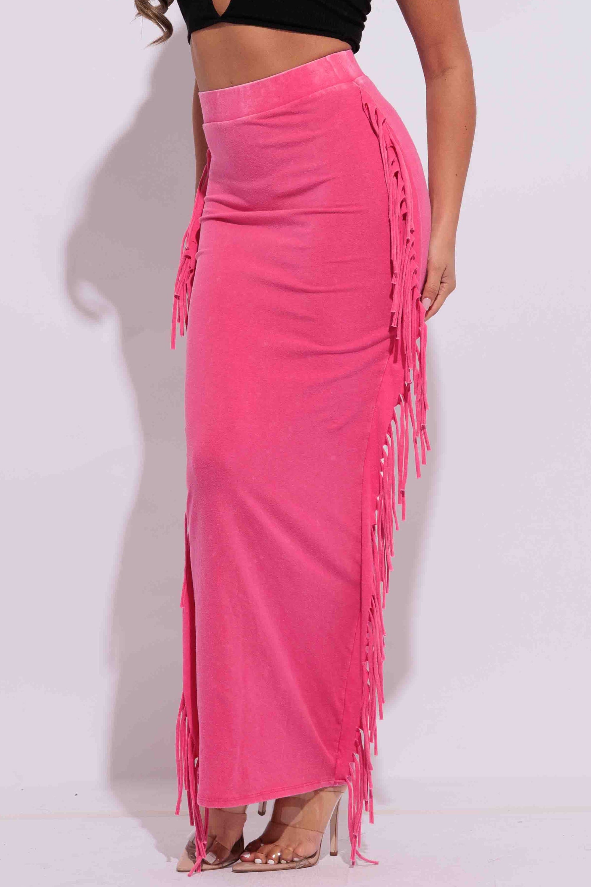 Mineral washed fringed maxi skirt