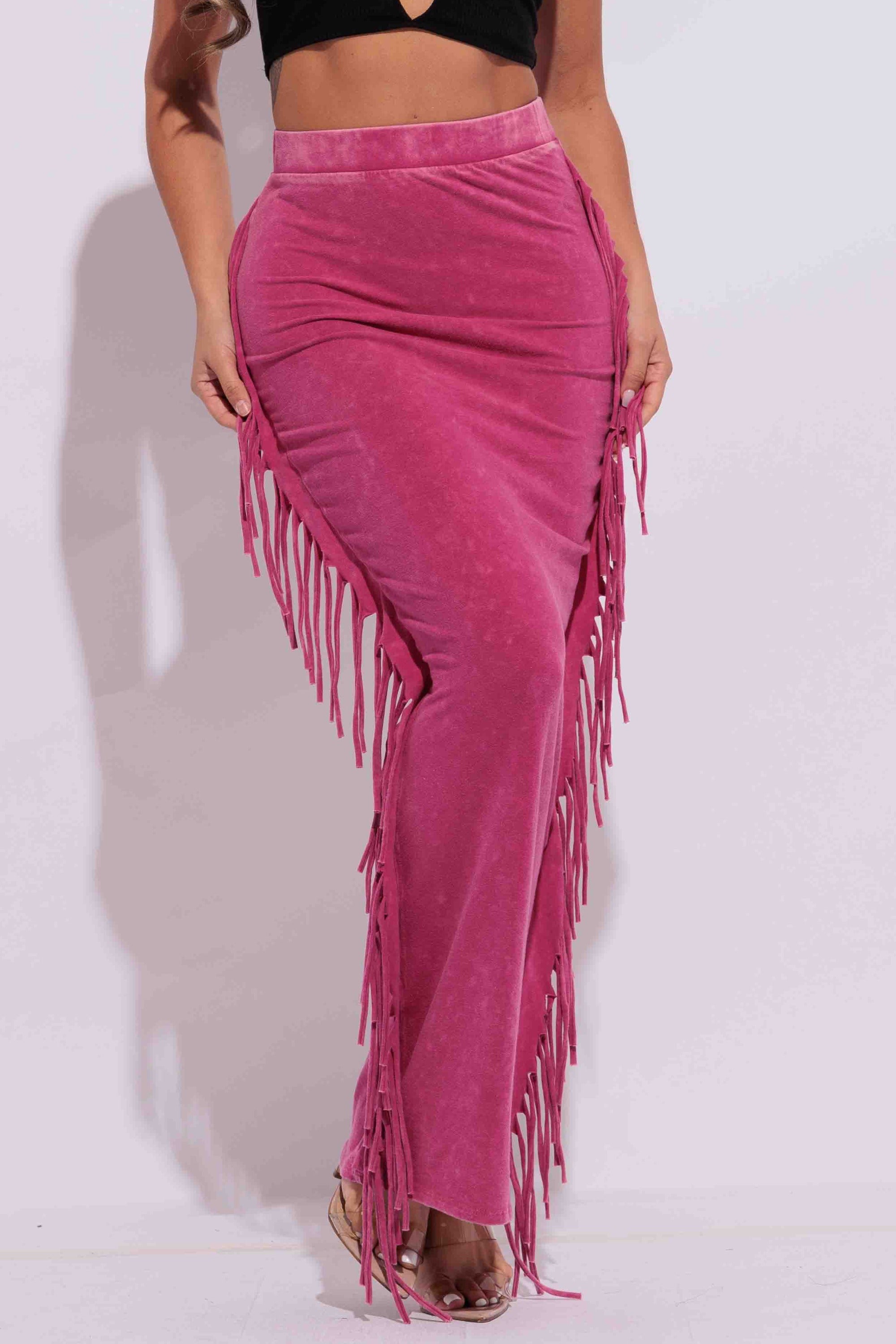 Mineral washed fringed maxi skirt