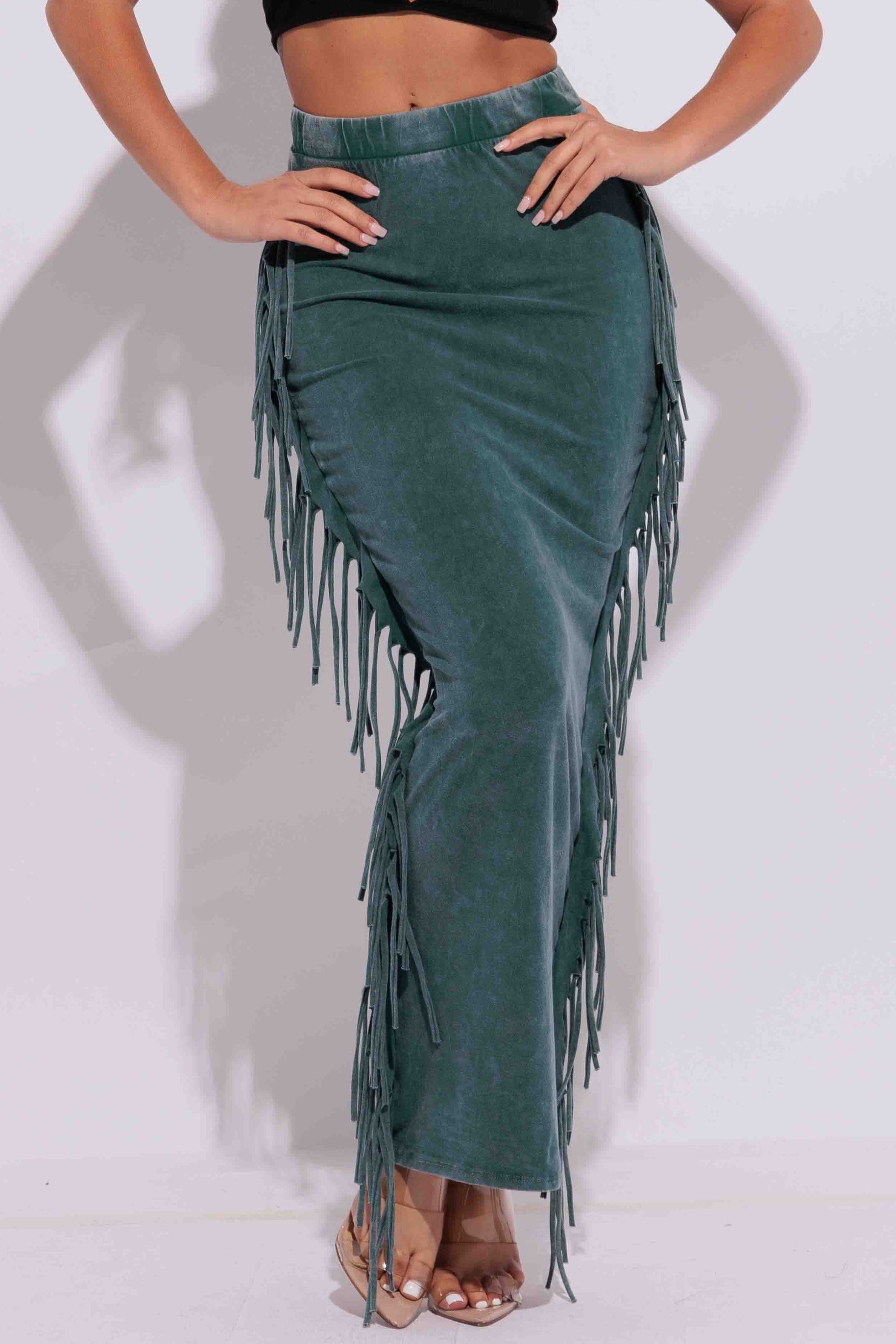 Mineral washed fringed maxi skirt