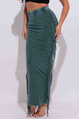 Mineral washed fringed maxi skirt