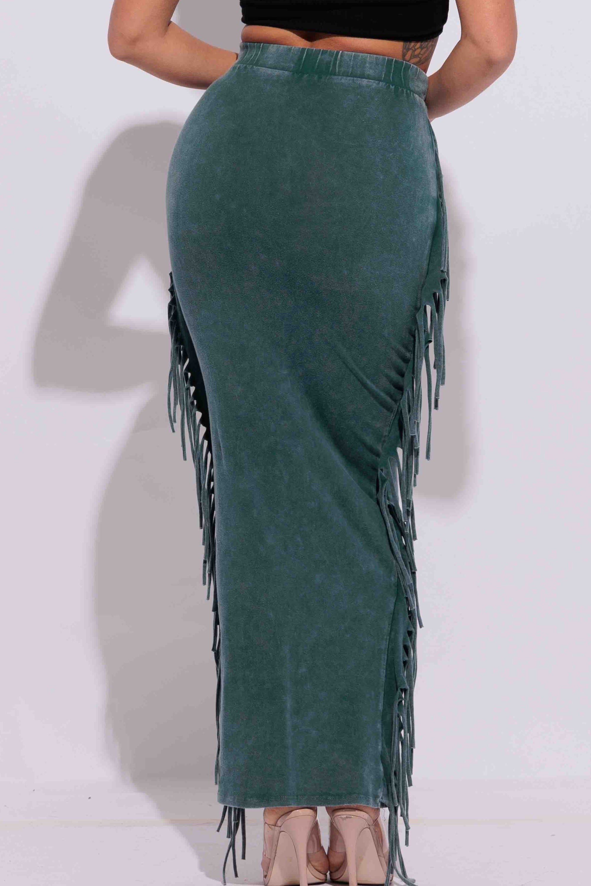 Mineral washed fringed maxi skirt