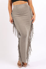 Mineral washed fringed maxi skirt