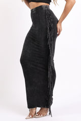 Mineral washed fringed maxi skirt