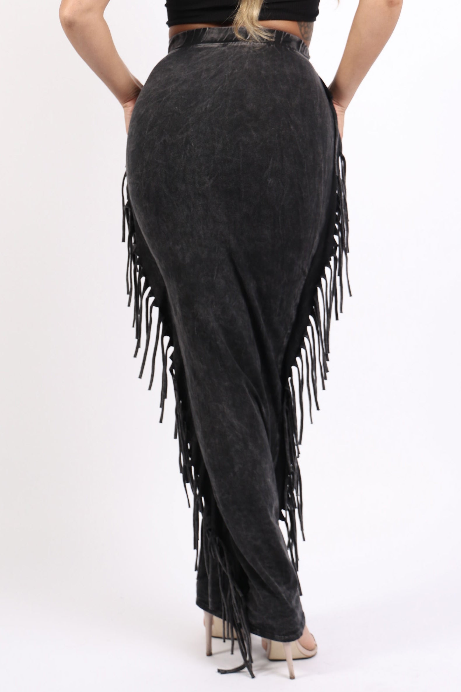 Mineral washed fringed maxi skirt