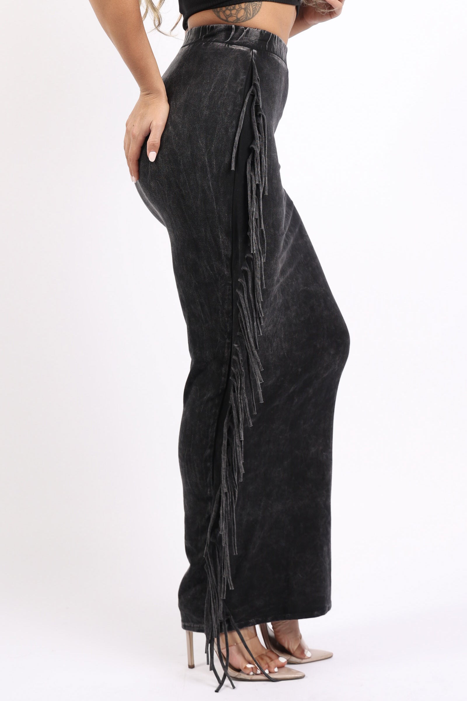 Mineral washed fringed maxi skirt