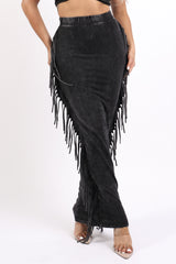 Mineral washed fringed maxi skirt