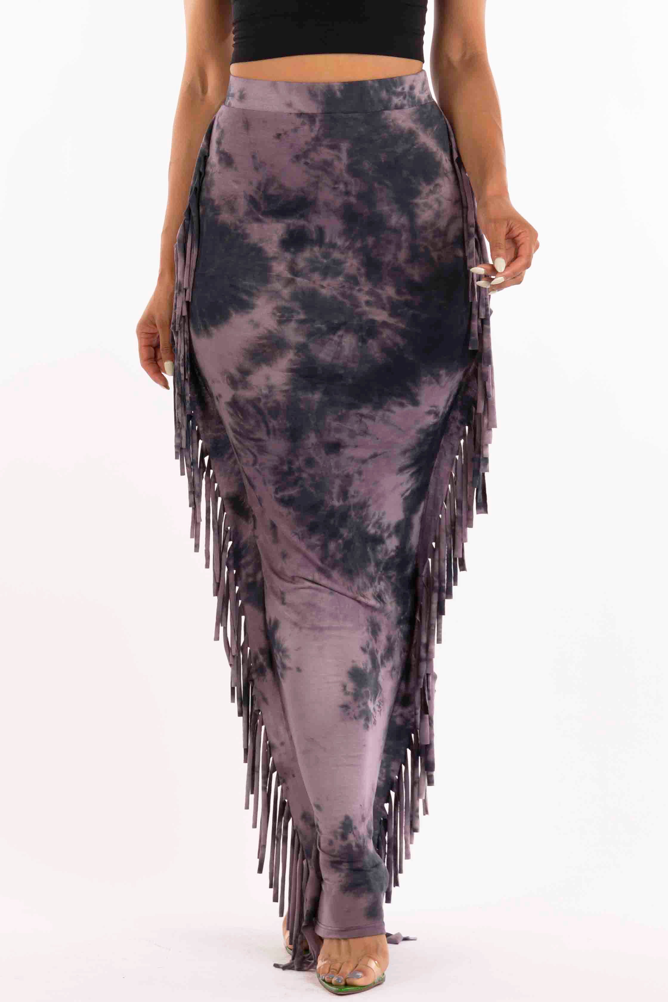 Tie dyed fringed maxi skirt