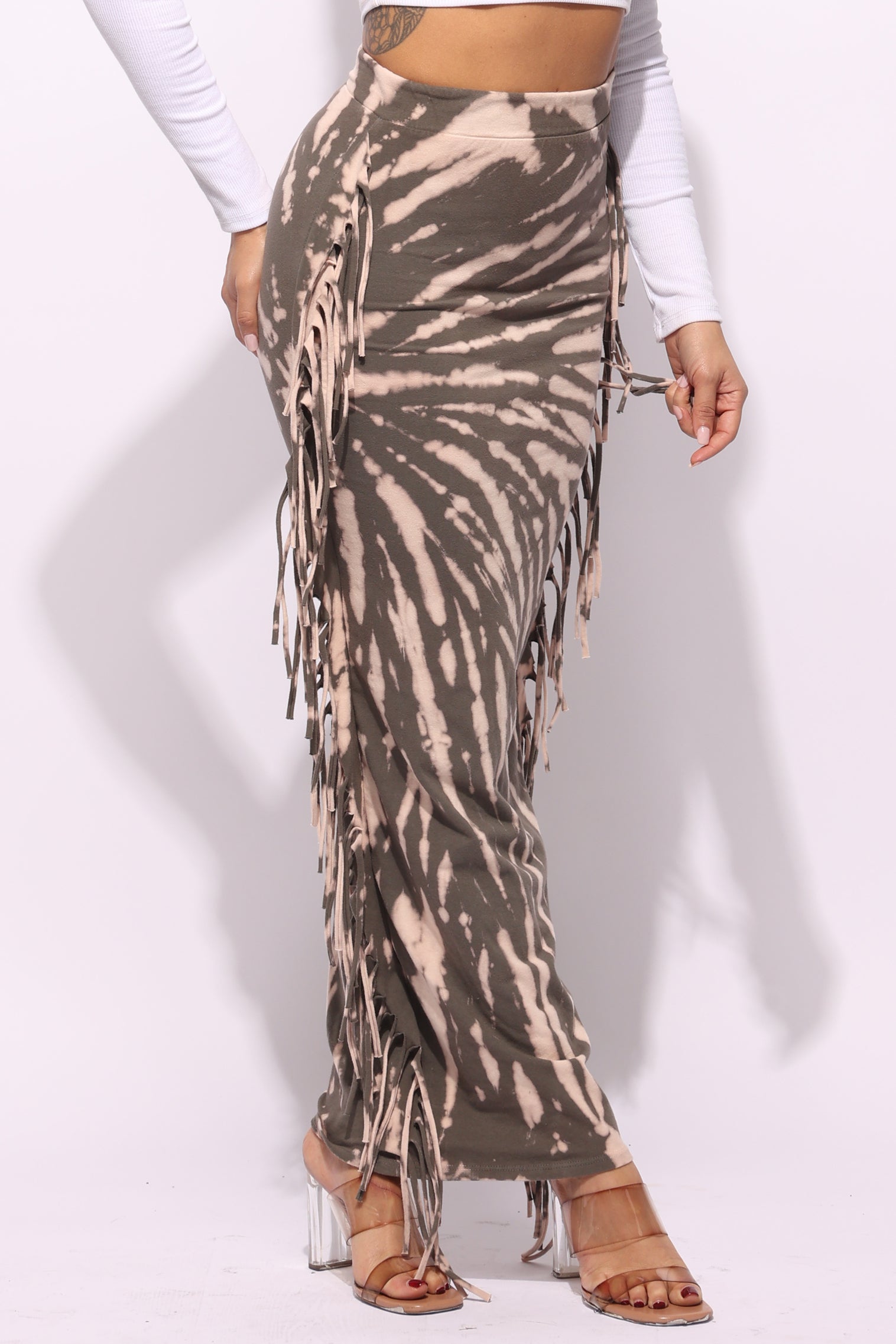 Tie dye fringed maxi skirt