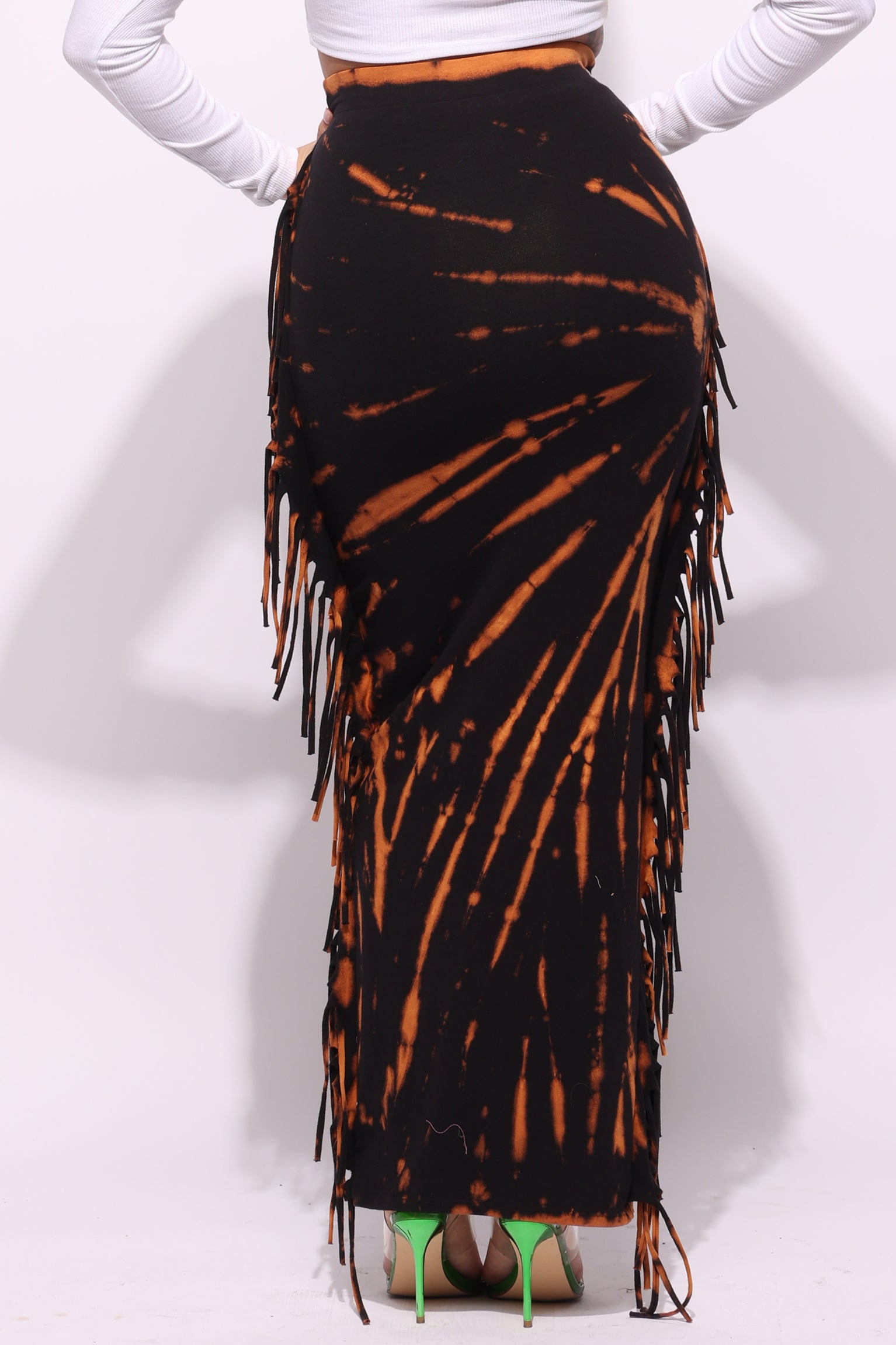 Tie dye fringed maxi skirt