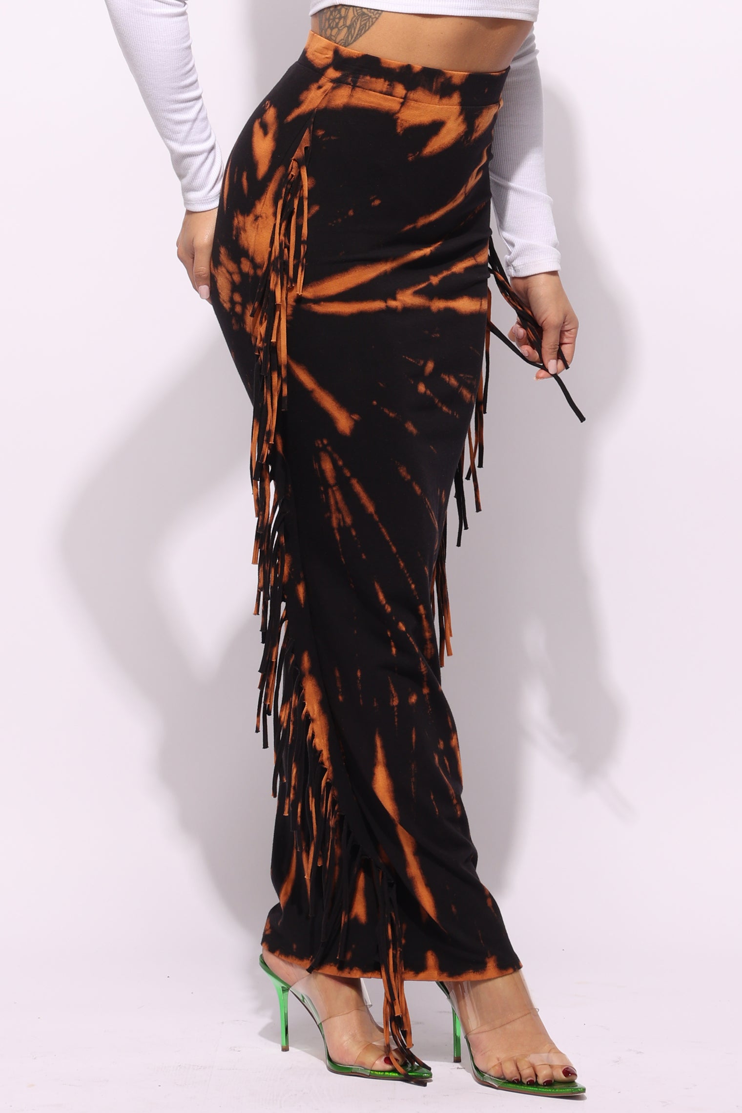 Tie dye fringed maxi skirt