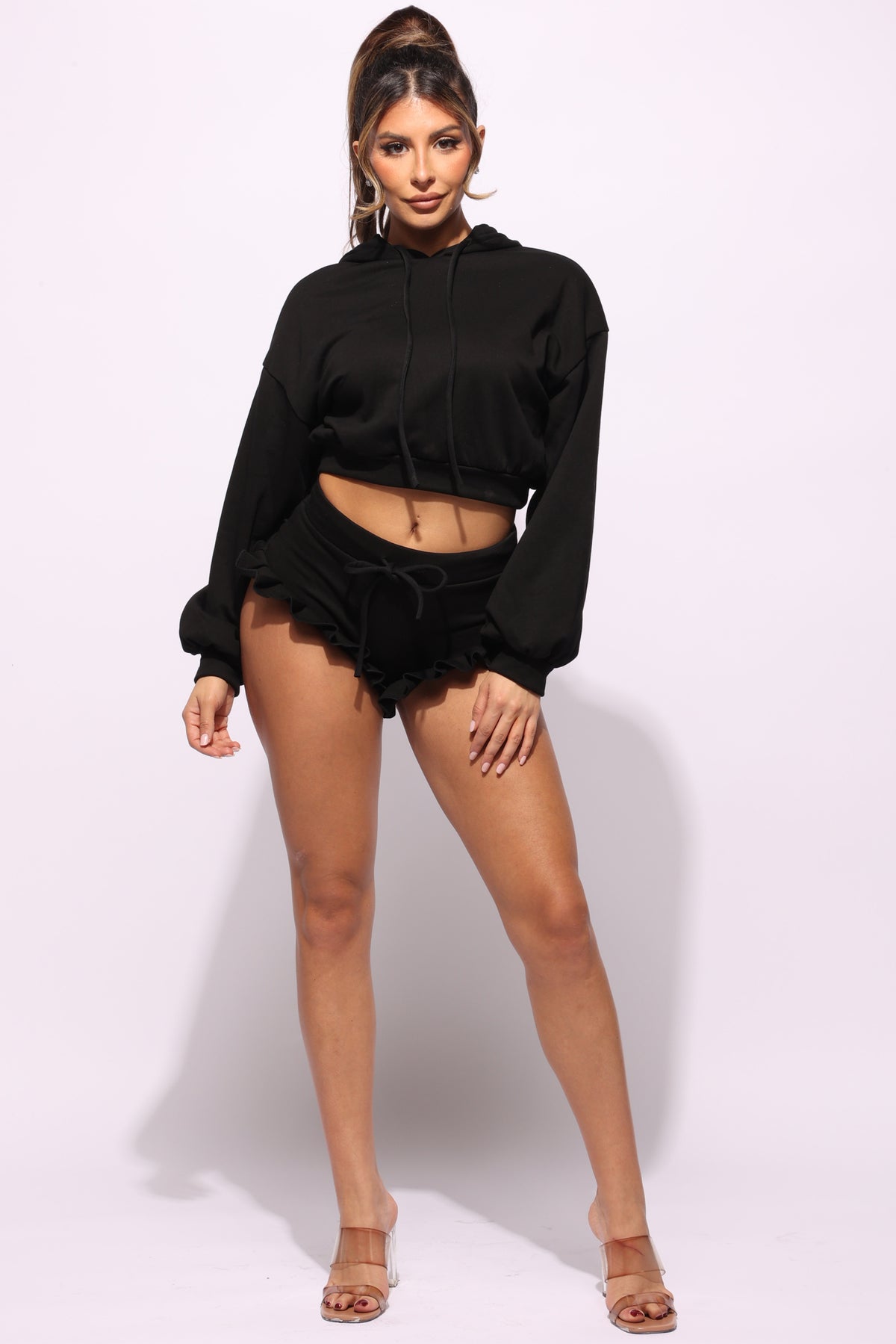 Crop hoodie & ruffle shorts set