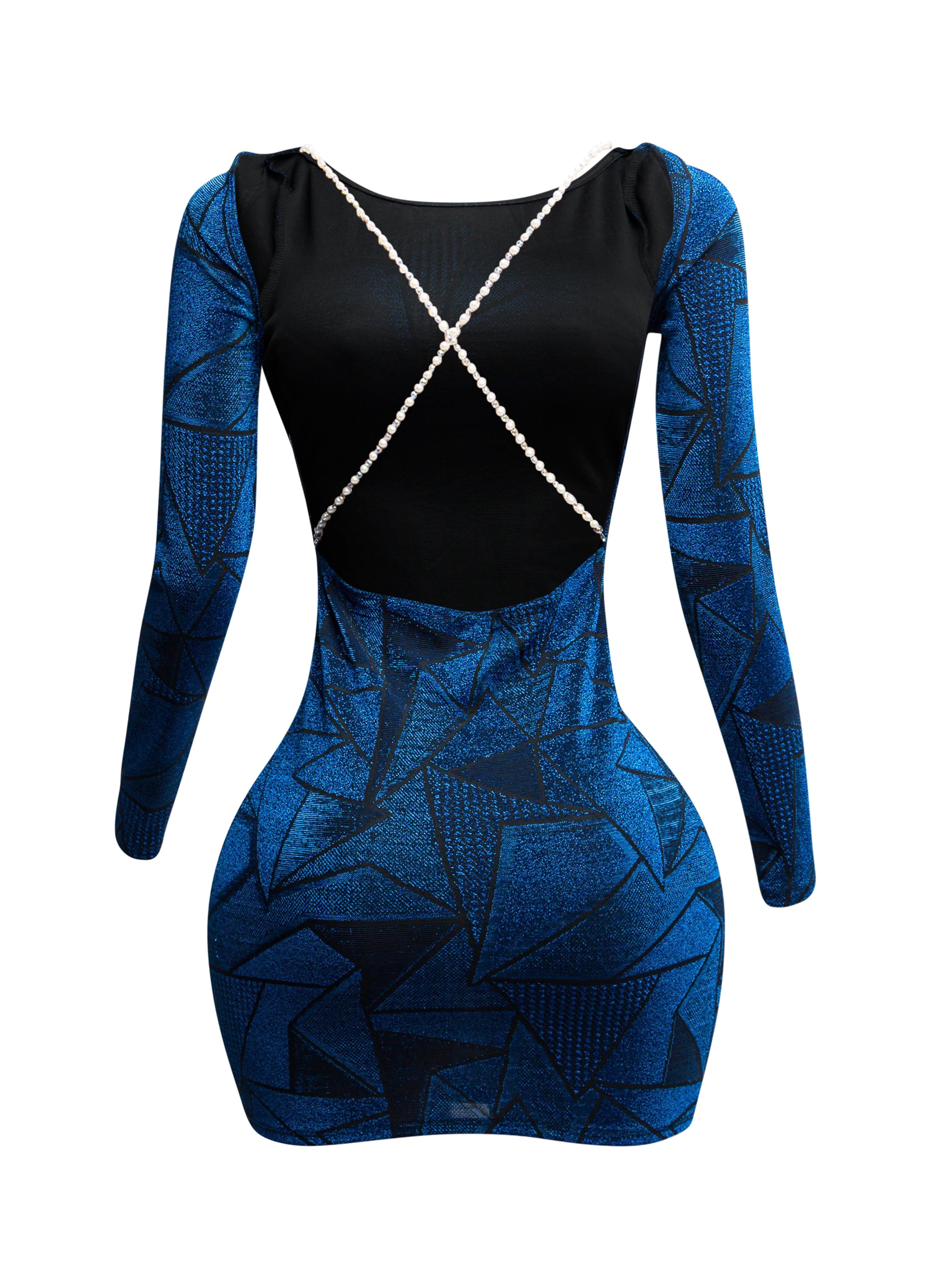 Jacquard knit open back bodycon dress with pearl and rhinestone chain