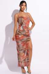 Printed cowl neck split thigh maxi dress