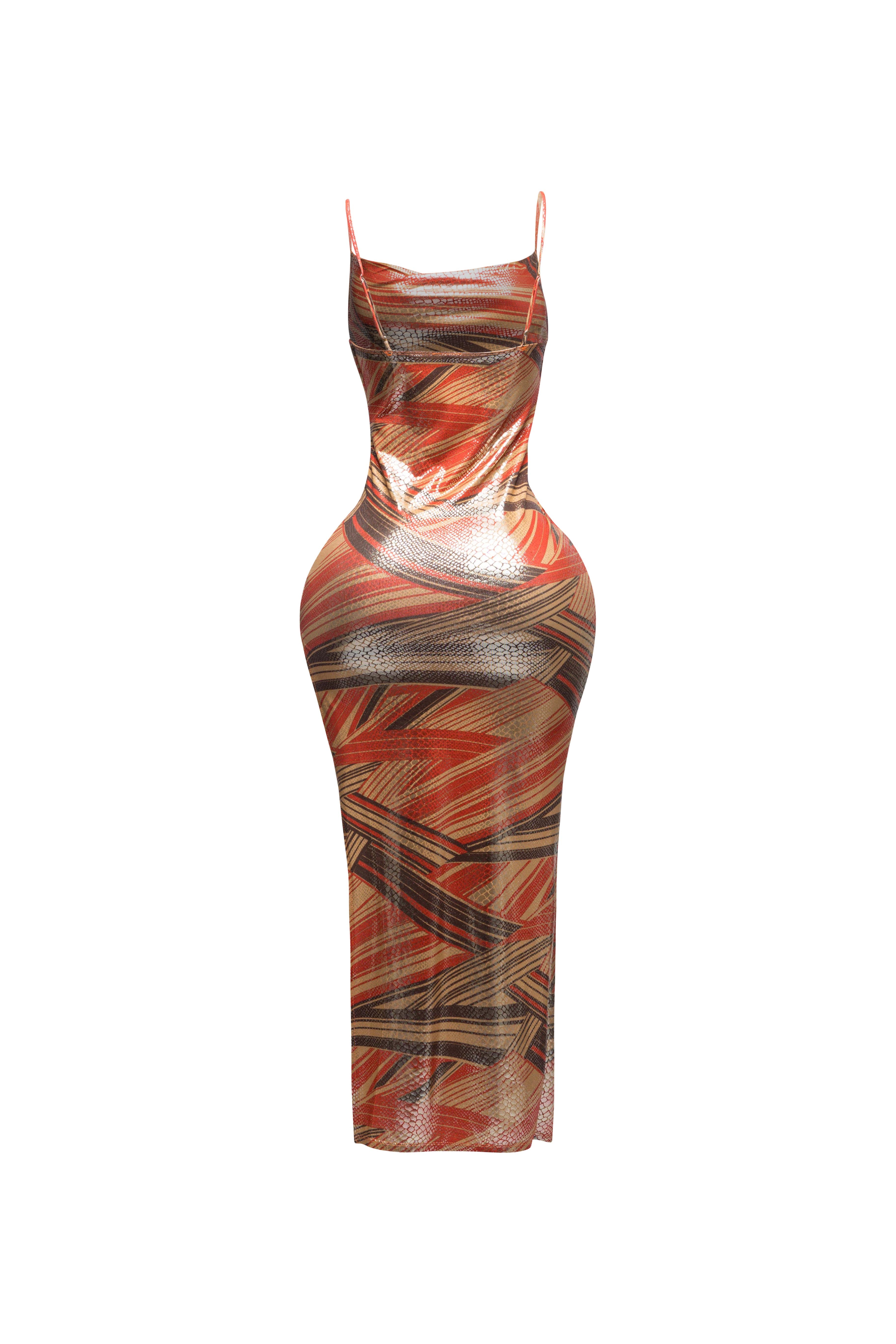 Printed cowl neck split thigh maxi dress