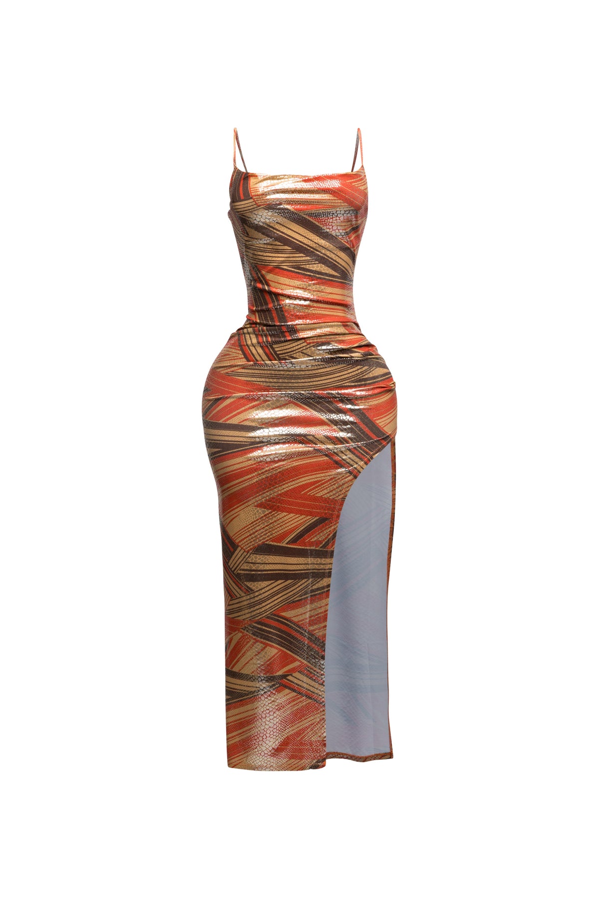 Printed cowl neck split thigh maxi dress