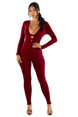 Zipper back deep V neck jumpsuit