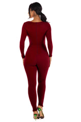 Zipper back deep V neck jumpsuit