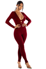 Zipper back deep V neck jumpsuit