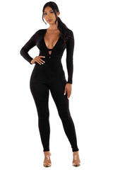 Zipper back deep V neck jumpsuit