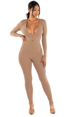 Zipper back deep V neck jumpsuit