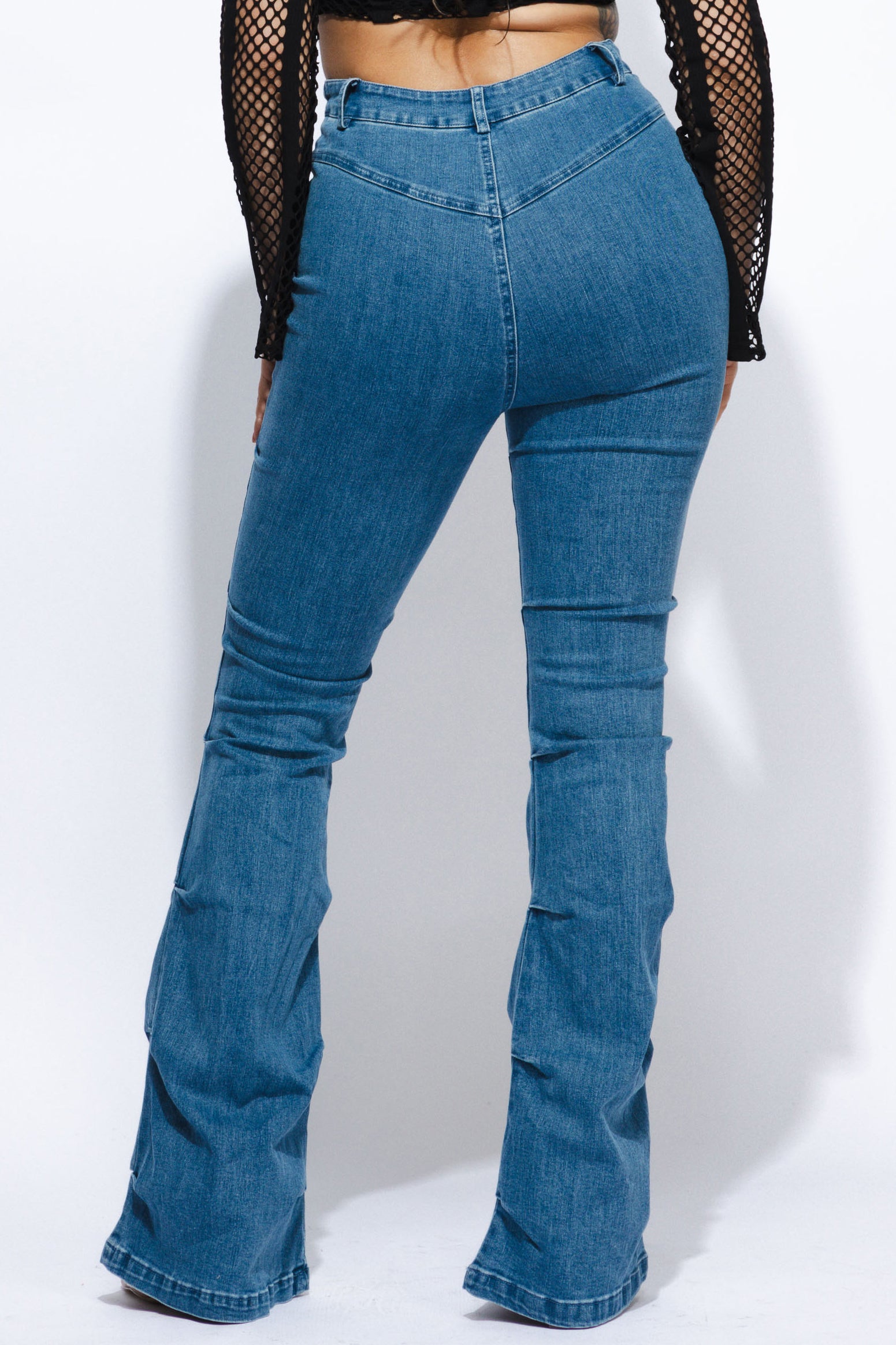 Pinched bell bottom denim pants