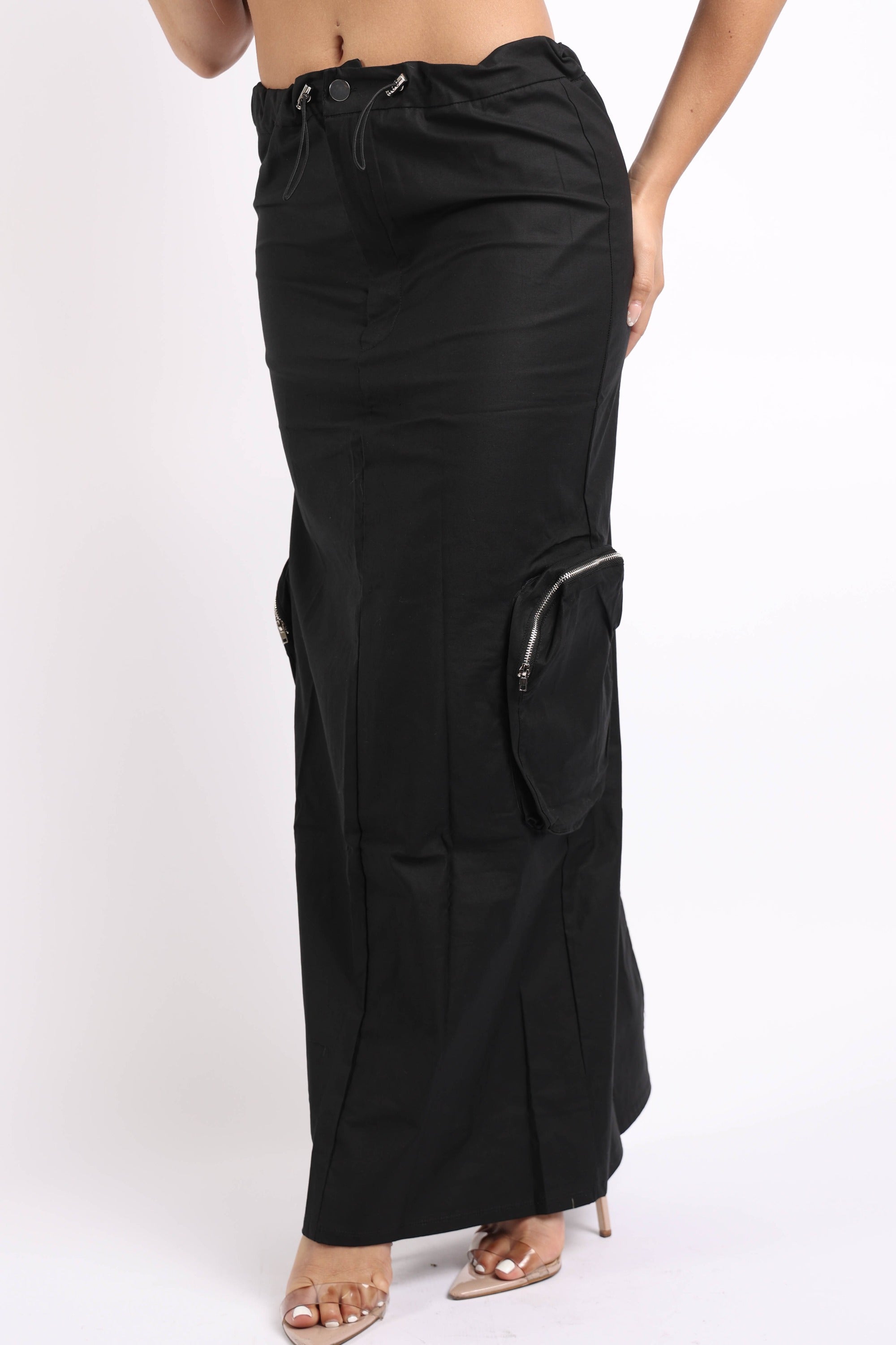 Side zippered pocket maxi cargo skirt