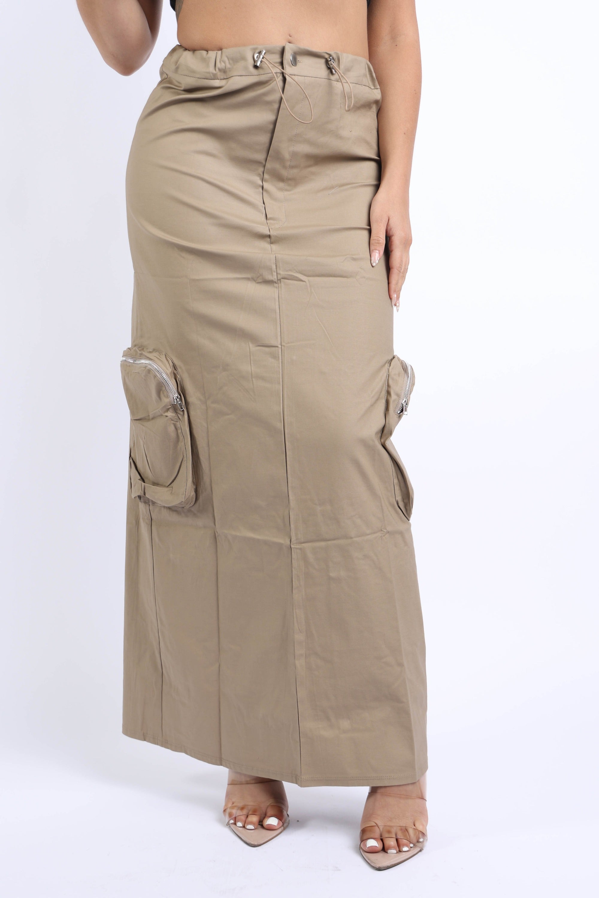 Side zippered pocket maxi cargo skirt