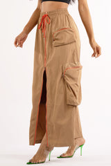 Zipper front drawstring waist cargo maxi skirt