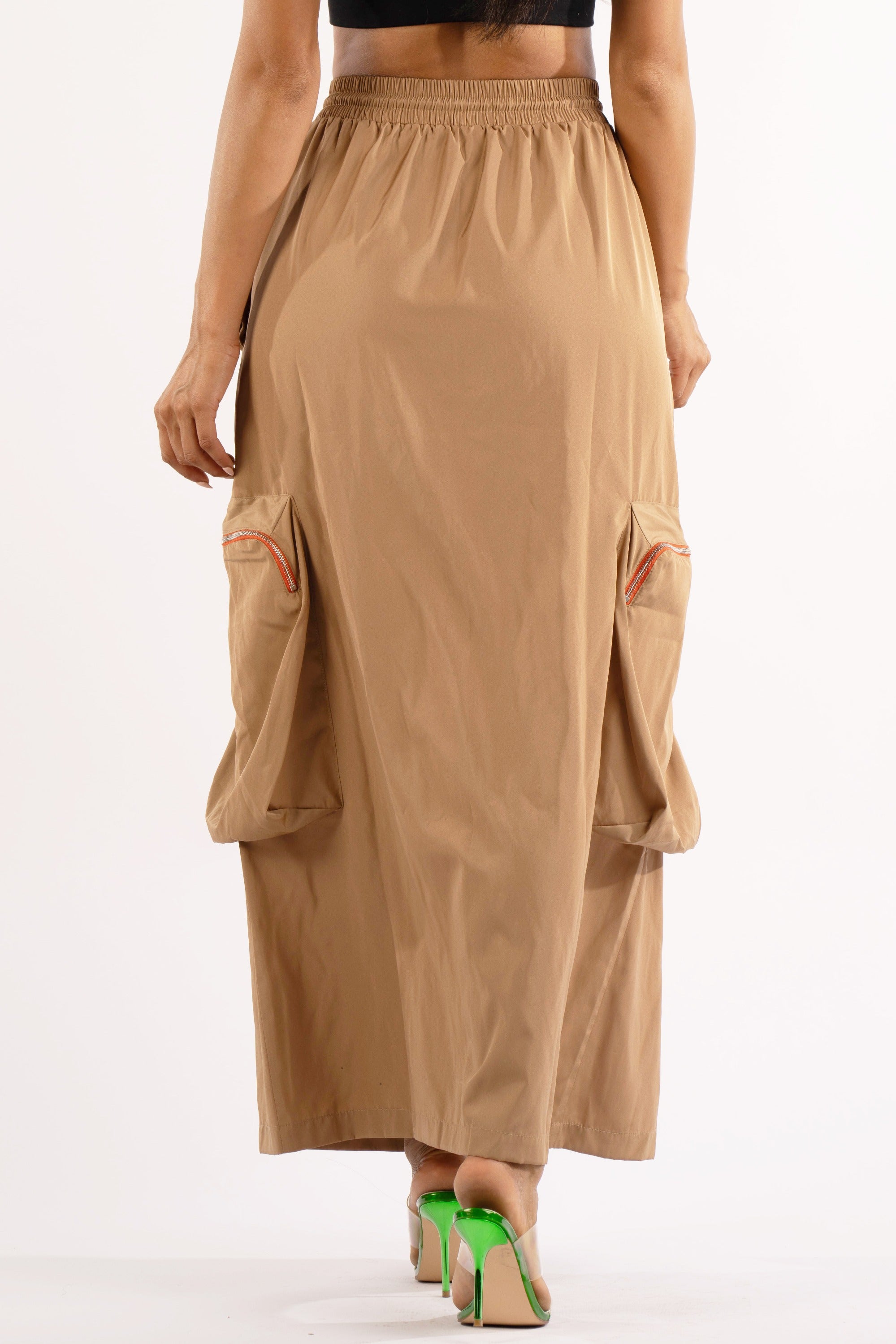 Zipper front drawstring waist cargo maxi skirt