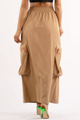 Zipper front drawstring waist cargo maxi skirt