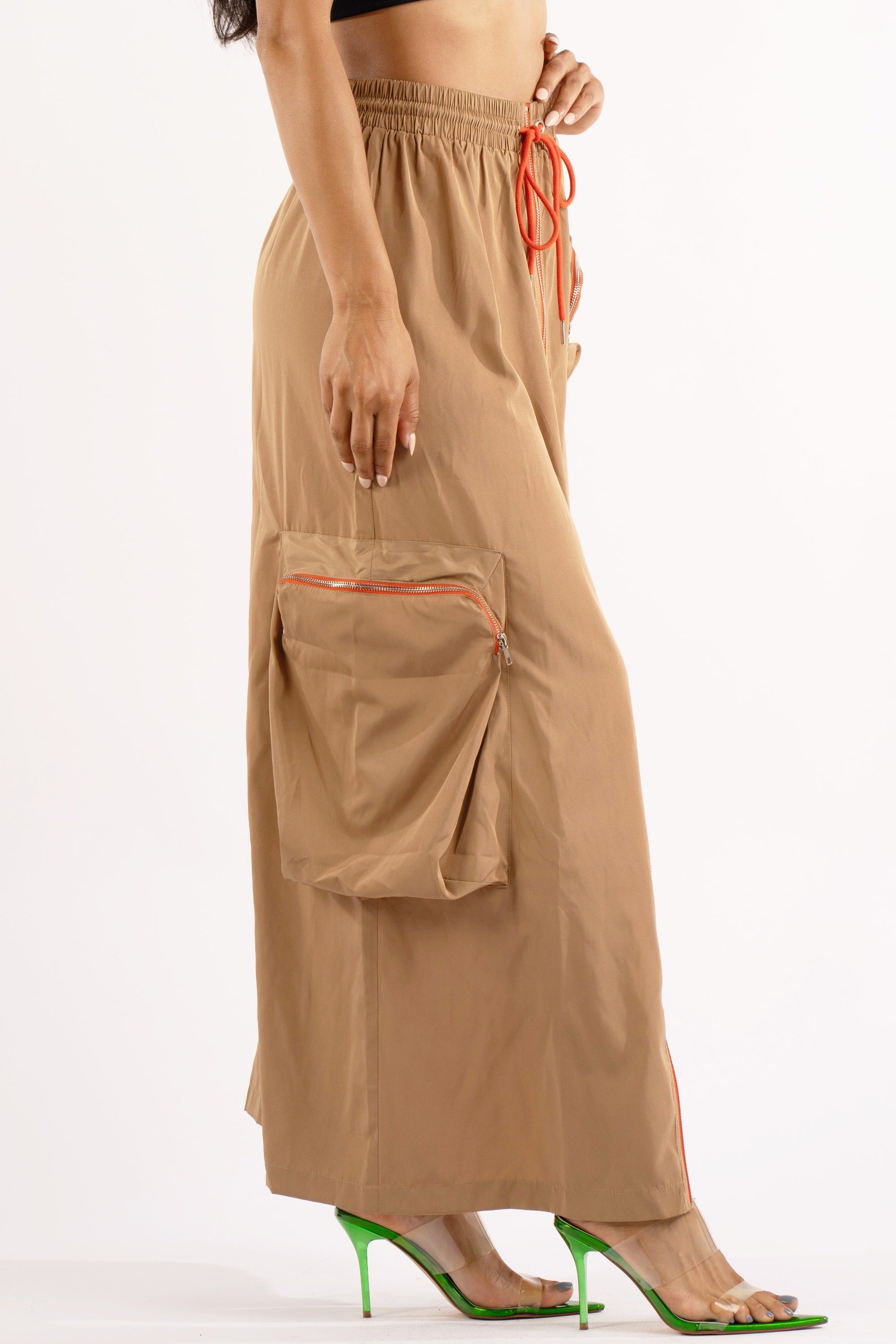 Zipper front drawstring waist cargo maxi skirt