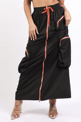 Zipper front drawstring waist cargo maxi skirt