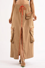 Zipper front drawstring waist cargo maxi skirt