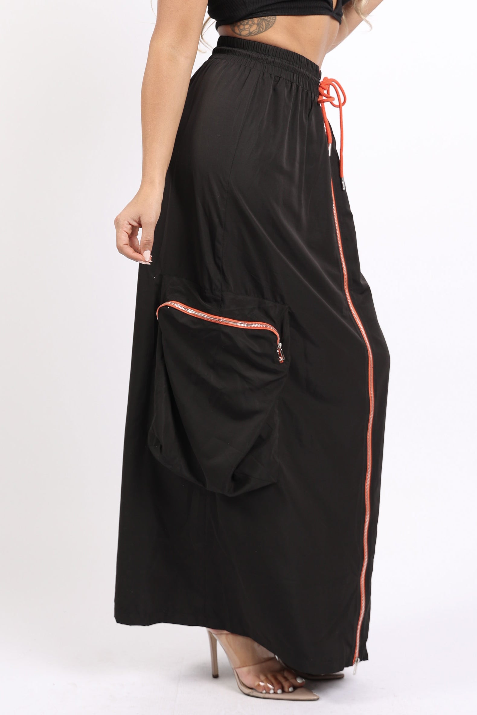 Zipper front drawstring waist cargo maxi skirt