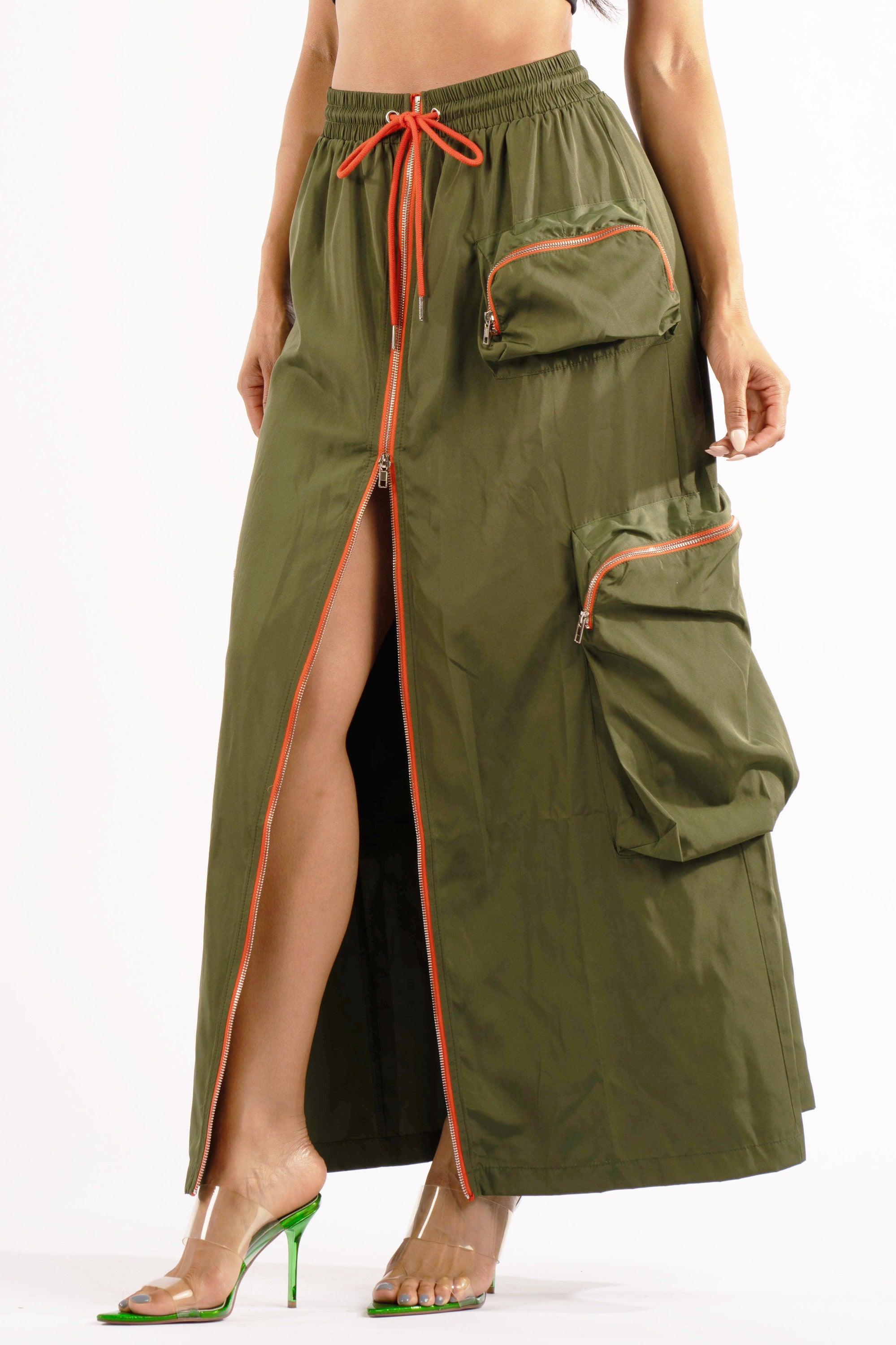 Zipper front drawstring waist cargo maxi skirt