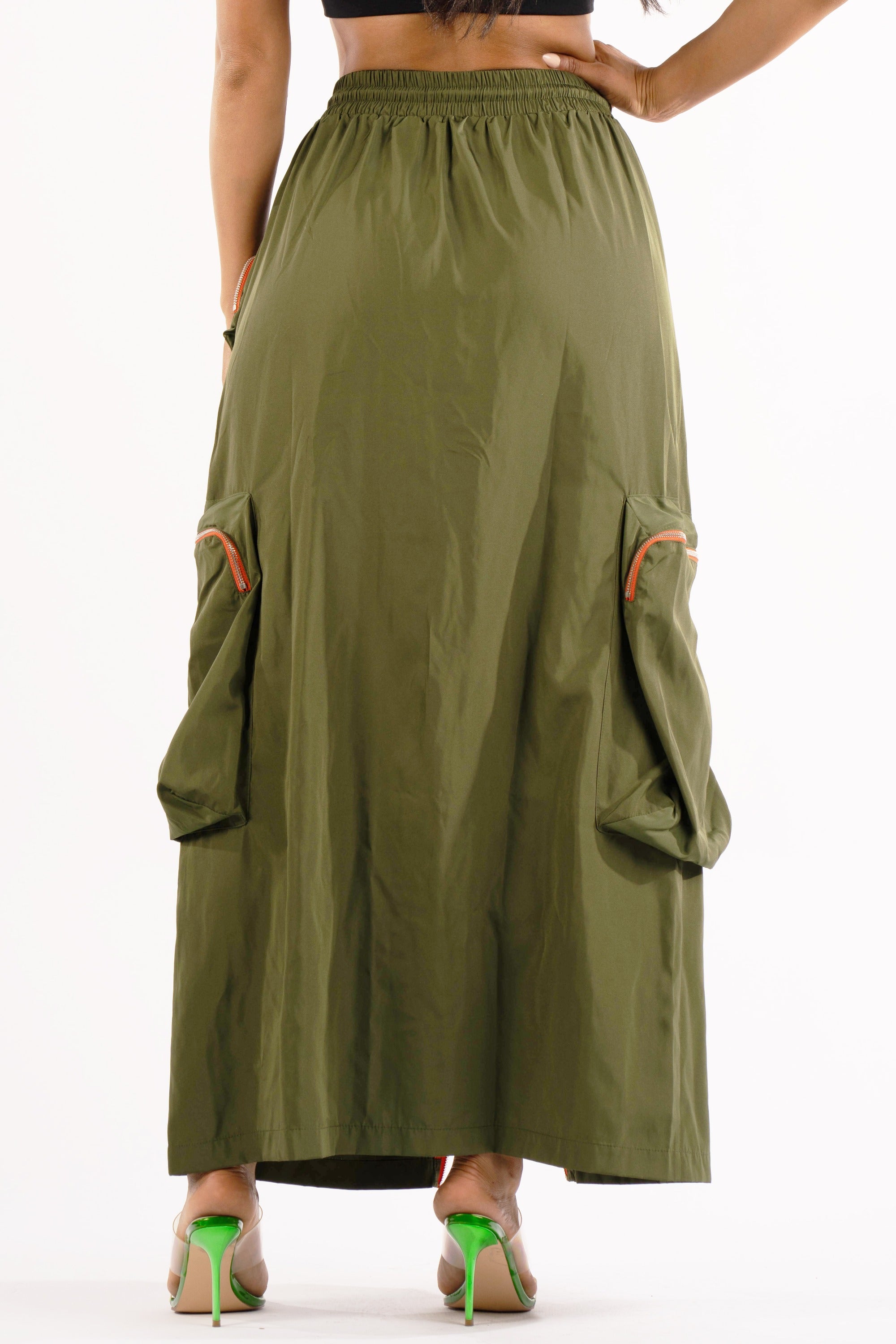 Zipper front drawstring waist cargo maxi skirt